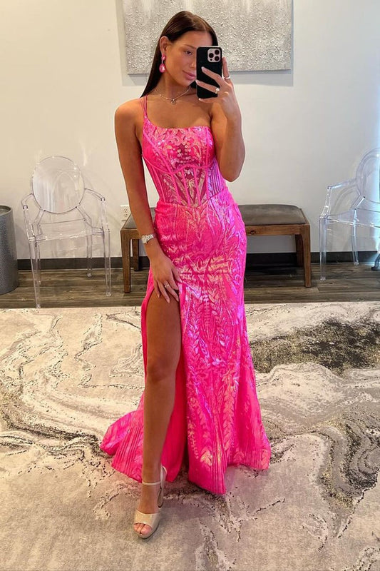 Sequins Lace Charming Mermaid One Shoulder Long Prom Dress