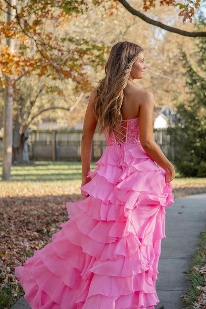 Pink Chiffon Sweetheart Tiered Long Prom Dress with Appliques