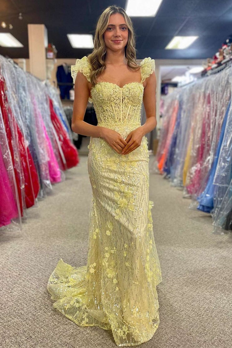 Yellow Lace Sweetheart Sequins Long Prom Dresses, PD25515