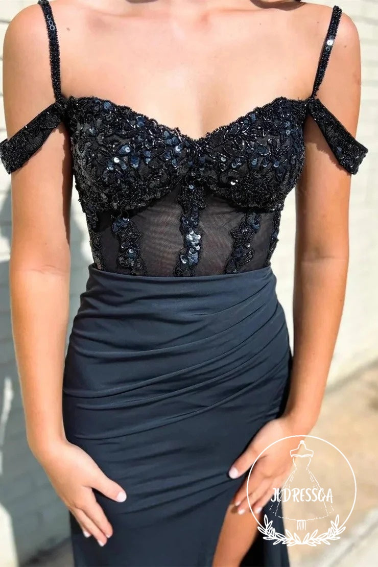 Stylish Long Mermaid Off the Shoulder Black Corset Prom Dress with Split Front, PD25950