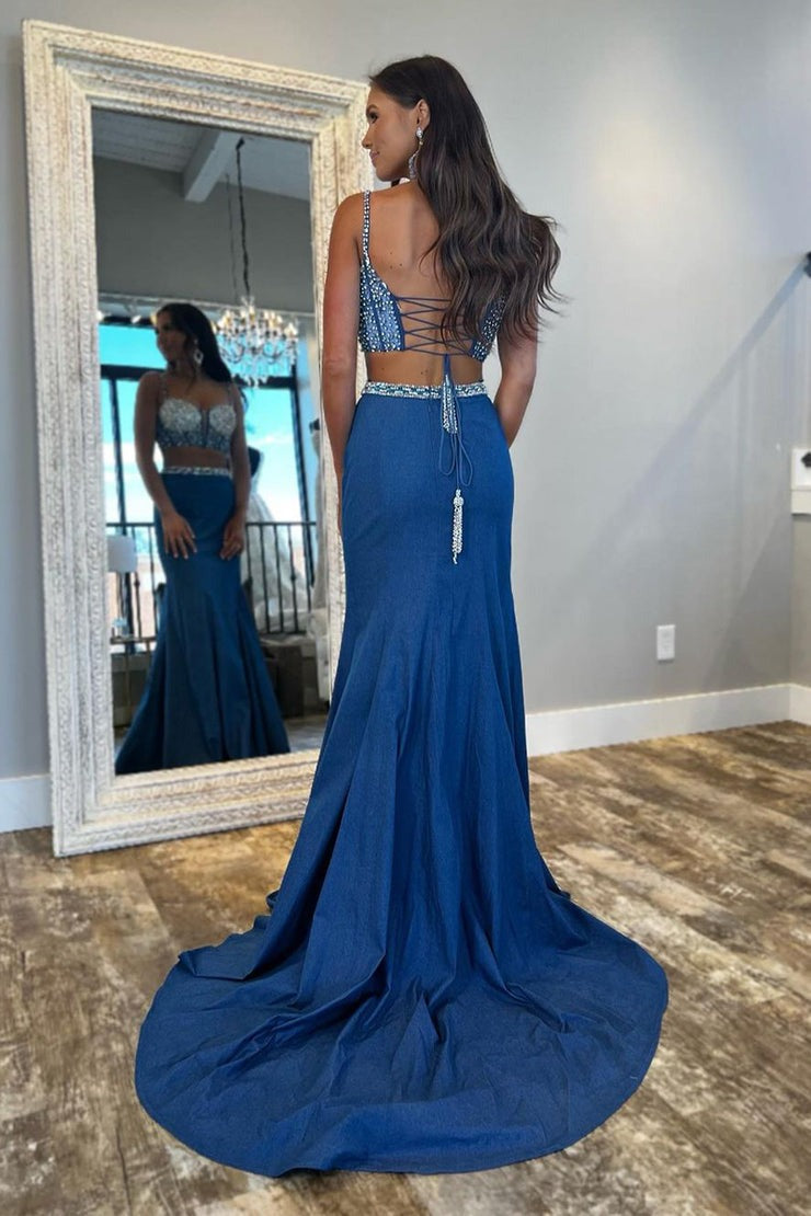 Blue Beaded Two Piece Long Prom Dress