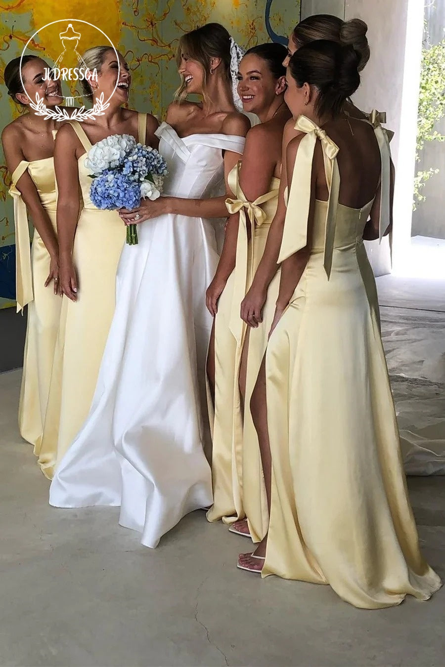 Yellow Sheath Straps Cute Satin Long Bridesmaid Dresses with Slit, BD25050
