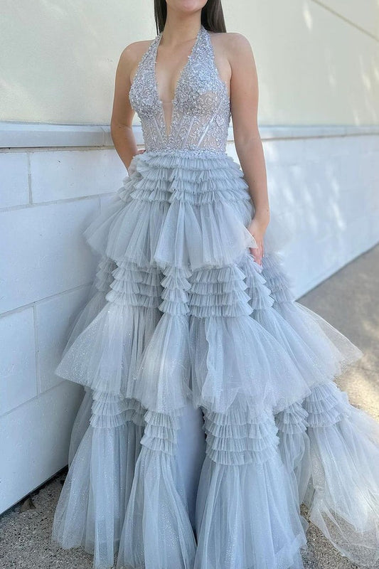 Grey Halter Long Tiered Tulle Prom Dresses with Appliques, PD25555