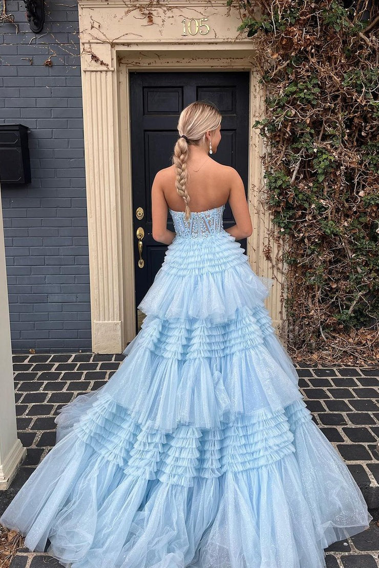 Strapless A Line Blue Ruffle Tiered Tulle Long Prom Dress with Appliques