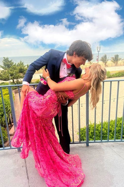 Pink Sequins Sparkly Mermaid V Neck Prom Dress with Slit