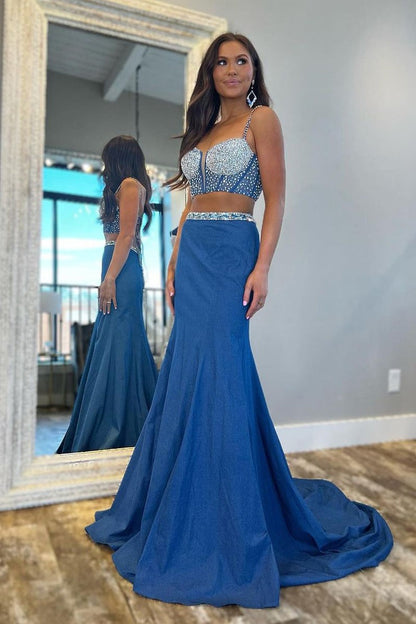 Blue Beaded Two Piece Long Prom Dress