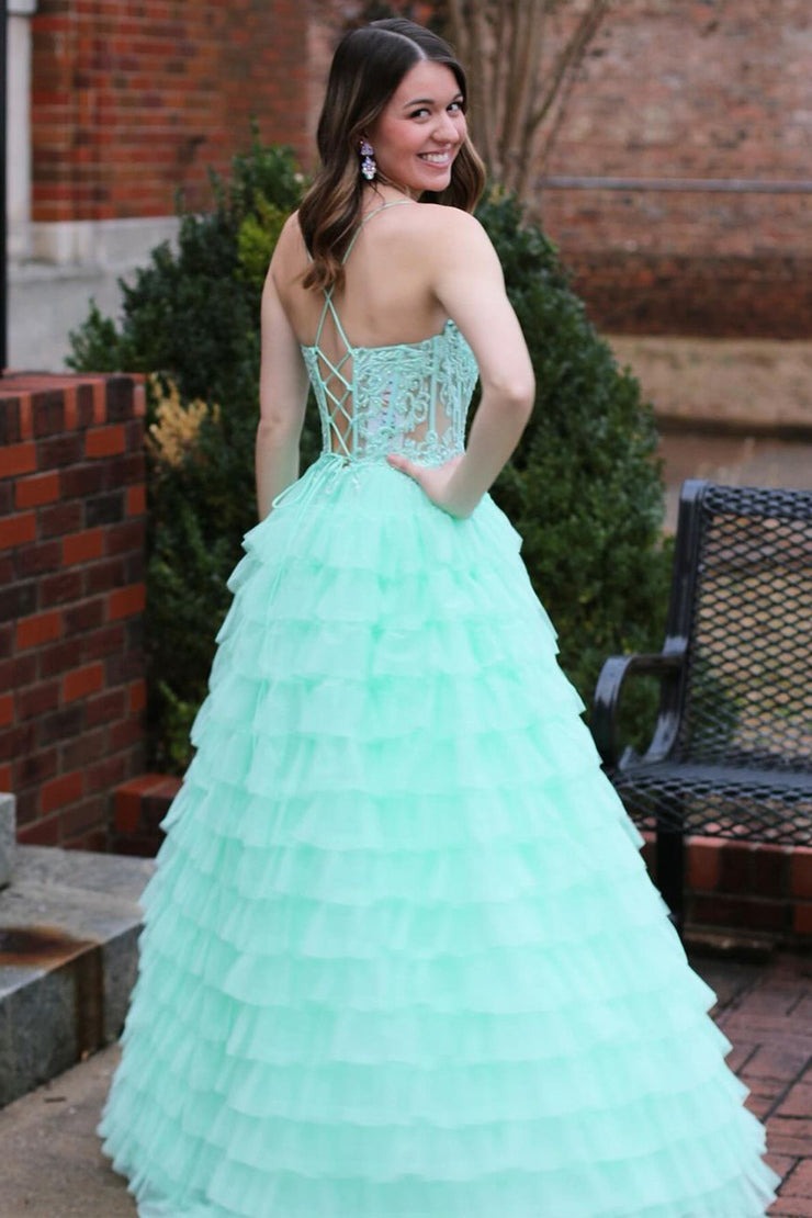 Mint Spaghetti Straps Long Tiered Tulle Prom Dress with Appliques, PD25735