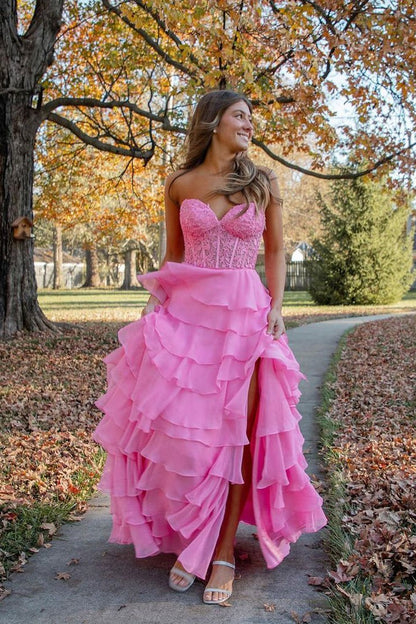 Pink Chiffon Sweetheart Tiered Long Prom Dress with Appliques