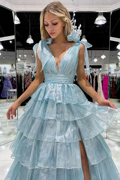 Light Blue V Neck Tiered Ruffle Long Prom Dresses with Slit