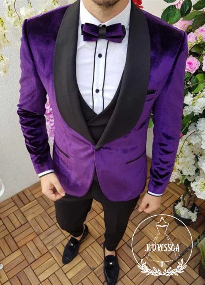 Formal Party Dress Outfit Men's Wear Purple Black Shawl Lapel Velvet Smoking Tuxedos, SU25050