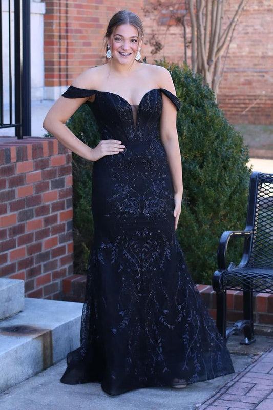 Black Sequins Appliques Mermaid Off the Shoulder Long Prom Dress