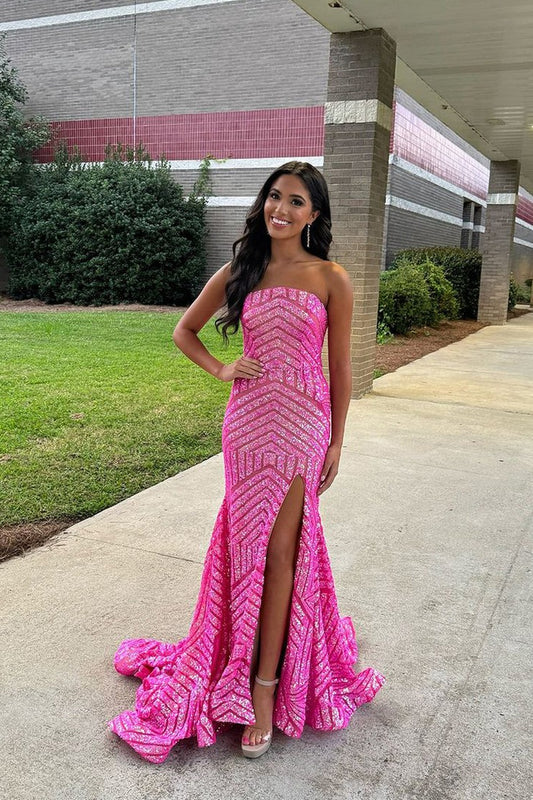 Strapless Mermaid Pink Sequins Long Prom Dresses