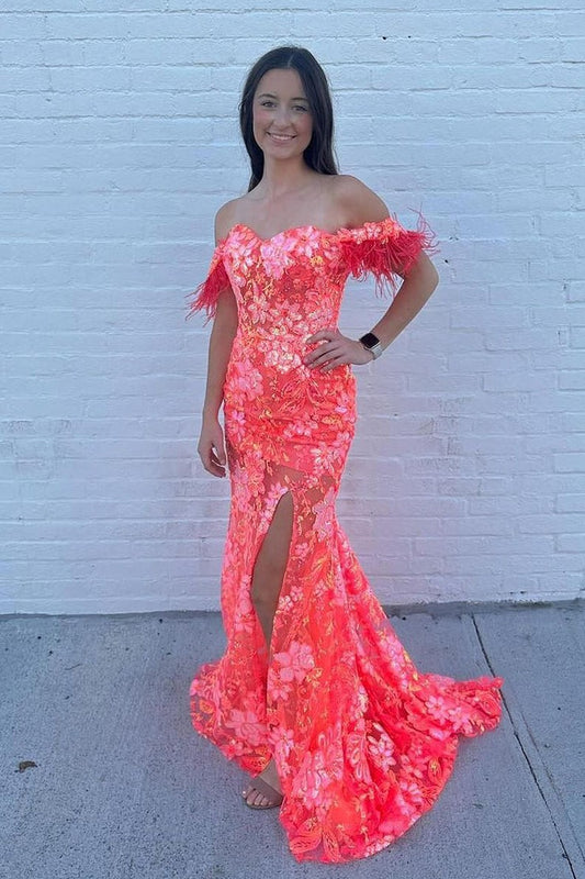 Mermaid Coral Sequins Lace Prom Dresses with Slit