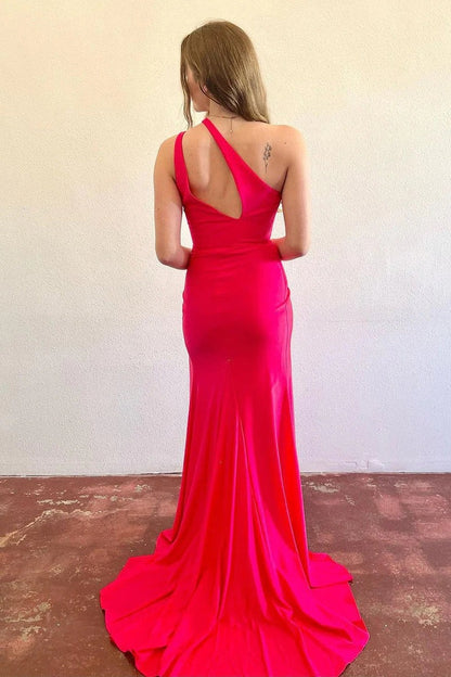 Fuchsia Satin One Shoulder Cutout Long Prom Dresses