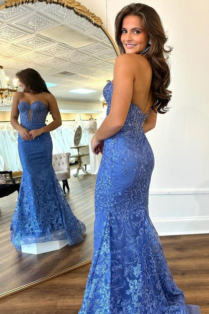 Periwinkle Lace Mermaid Sweetheart Long Prom Dress