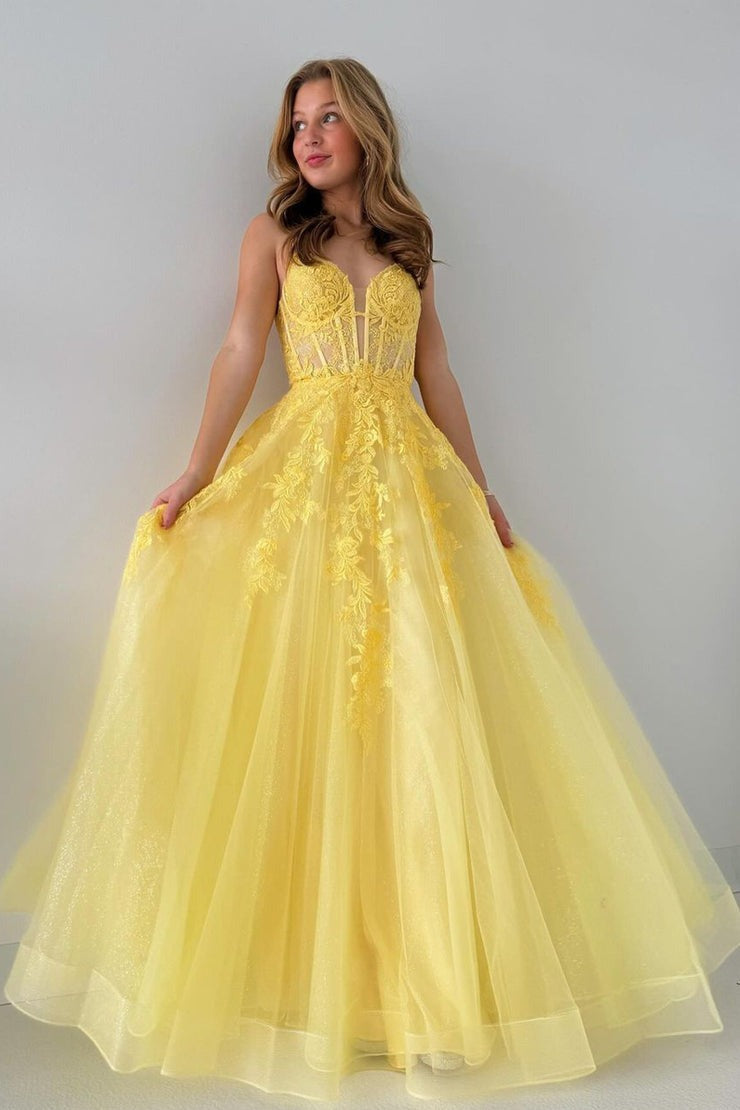 Yellow Spaghetti Straps Tulle Long Prom Dresses with Appliques