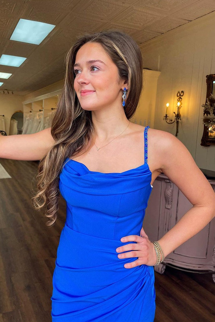 Royal Blue Mermaid Cowl Neck Satin Long Prom Dresses