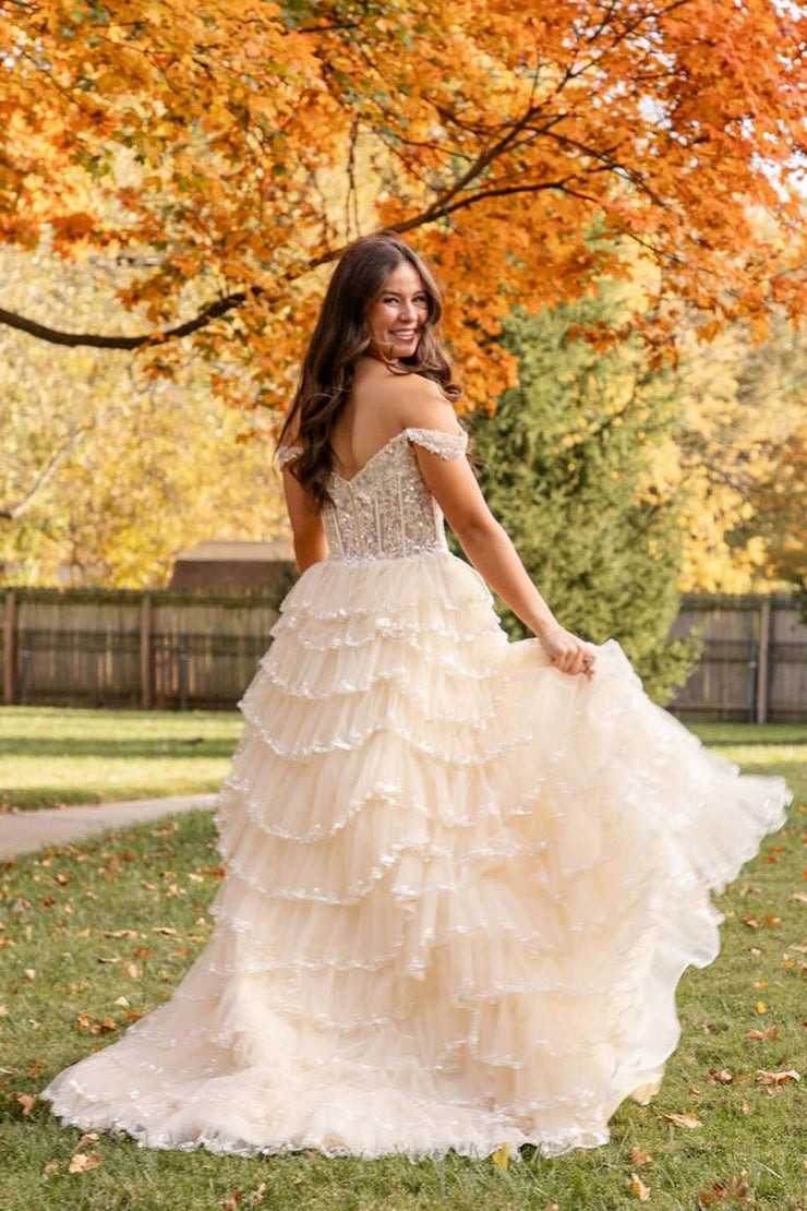 Tulle A-Line Off the Shoulder Long Prom Dresses with Appliques