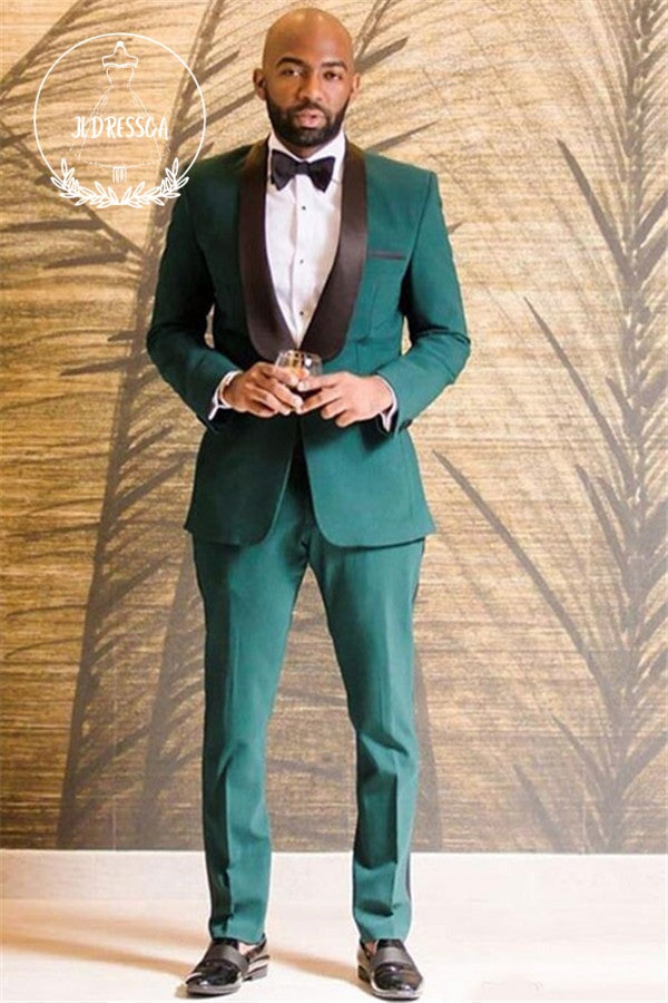 Dark Green One Button Black Shawl Lapel Wedding Groom Suits, SU25030