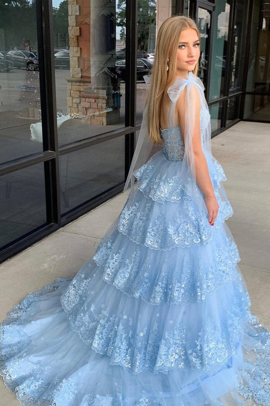 Light Blue Sweetheart Bow Tie Straps Appliques Tiered Tulle Prom Dress, PD25636