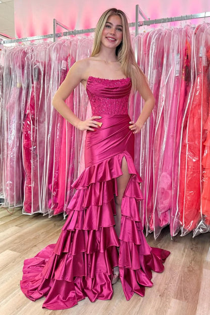 Charming Mermaid Scoop Neck Tiered Prom Dress with Slit, PD25584