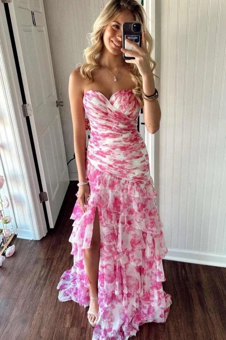 Pink Floral Printed Chiffon Mermaid Sweetheart Tiered Prom Dress