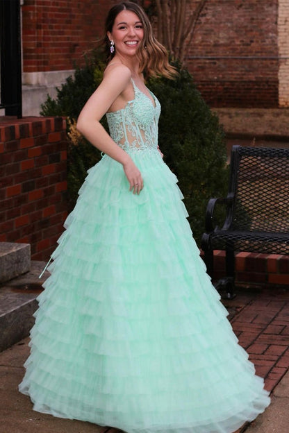 Mint Spaghetti Straps Long Tiered Tulle Prom Dress with Appliques, PD25735