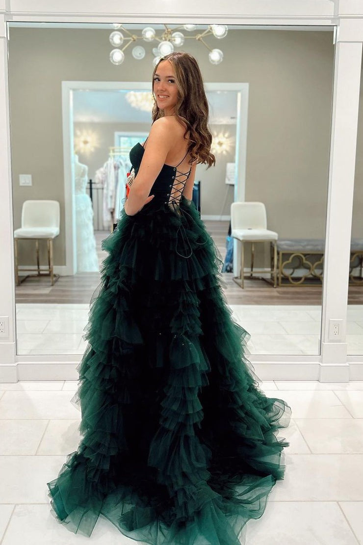 Sweetheart A-Line Ruffle Tiered Long Prom Dress with Slit