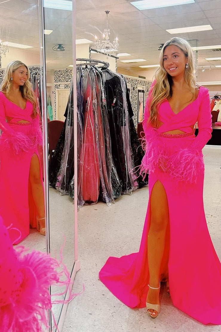 Sparkly Hot Pink V - Neck Cut Out Long Feathered Beaded Prom Dress