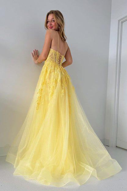 Yellow Spaghetti Straps Tulle Long Prom Dresses with Appliques