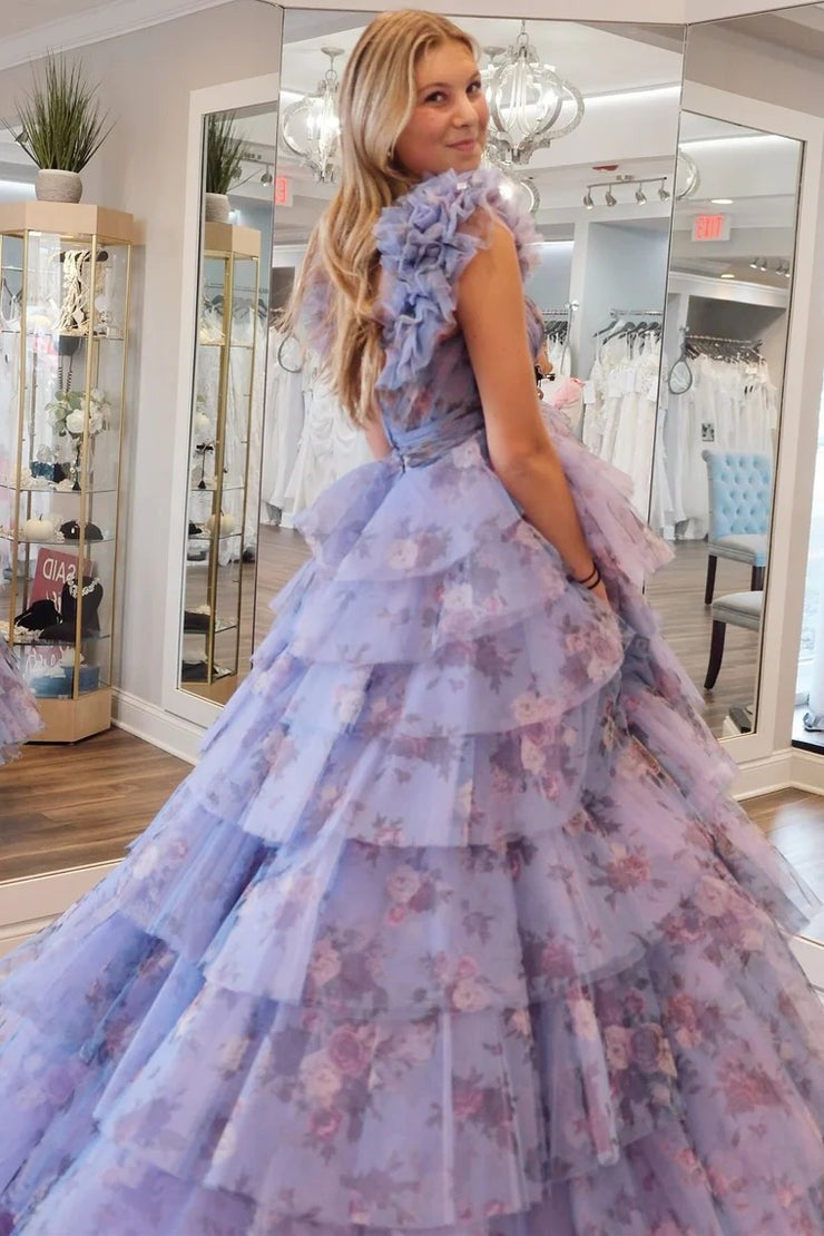 Periwinkle Flutter Sleeve Print Ruffle Tiered Long Prom Dress, PD25624