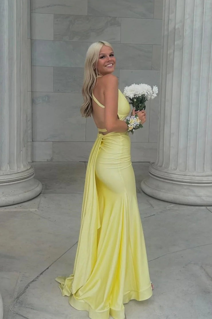 Yellow Satin Chic Mermaid Deep V Neck Prom Dress