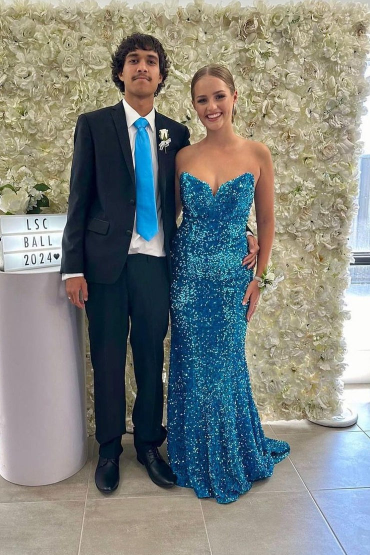 Blue Sequins Charming Mermaid Long Prom Dress, PD25414