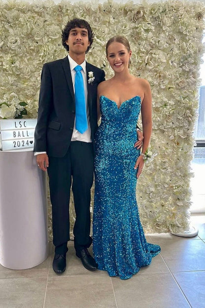 Blue Sequins Charming Mermaid Long Prom Dress, PD25414