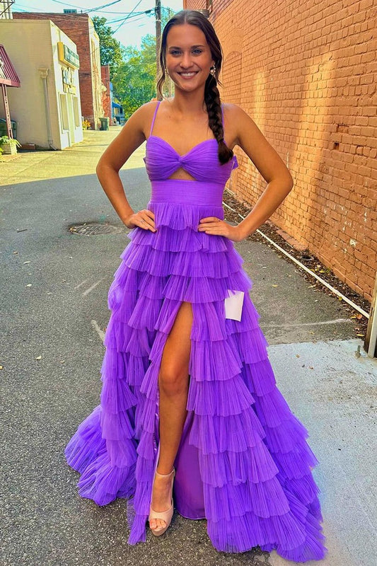 Purple Tulle Sweetheart Ruffle Tiered Long Prom Dresses