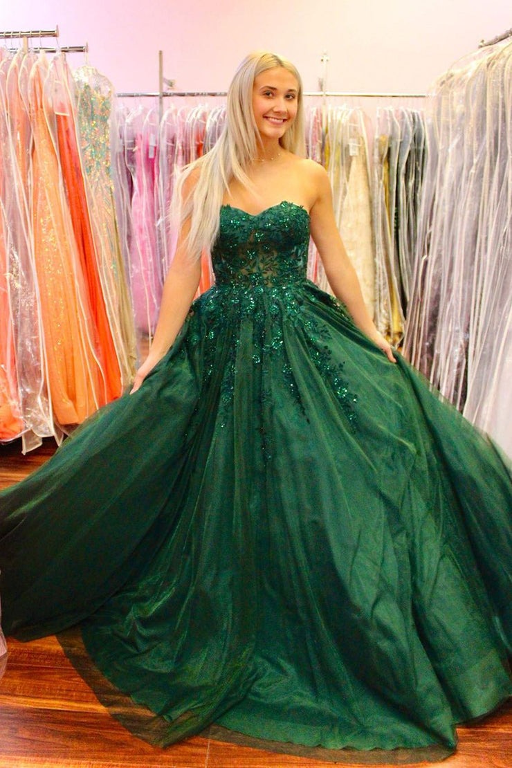 Dark Green Sweetheart Tulle Long Prom Dresses with Appliques, PD25596