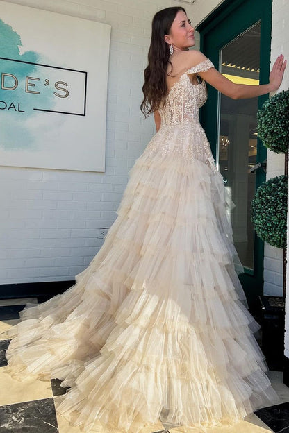 Champagne Tulle A-Line Off the Shoulder Ruffle Tiered Long Prom Dress