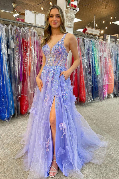Lavender A - Line V Neck Sequin Lace Long Prom Dress with Pockets, PD25576
