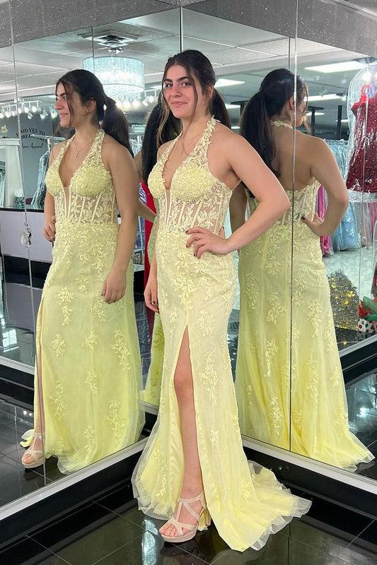 Yellow Halter Mermaid Tulle Appliques Long Prom Dress, PD25696