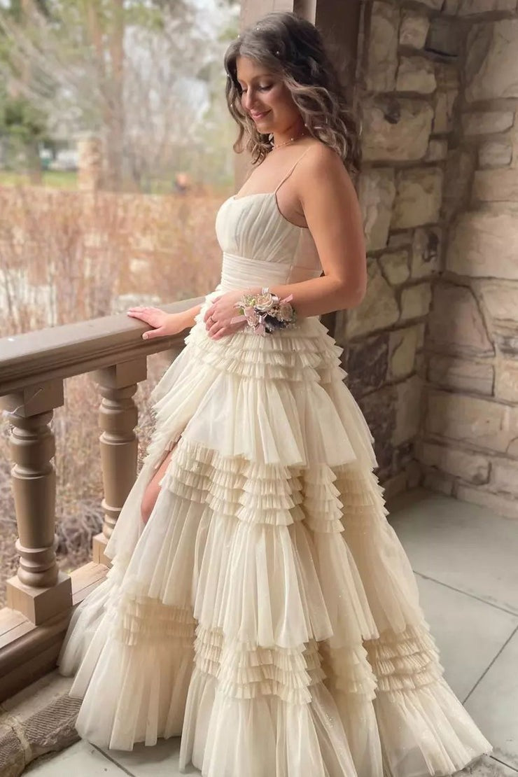 Scoop Neck Ball Gown Champagne Tiered Tulle Long Prom Dress with Slit