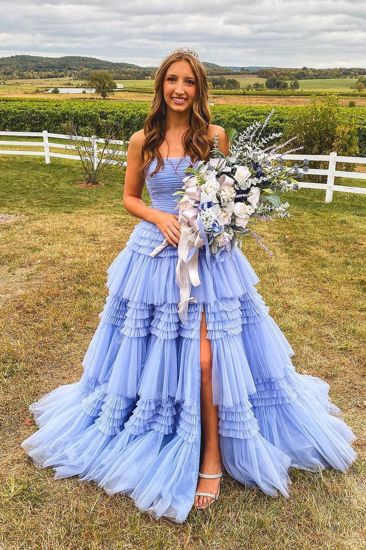 Lavender Strapless Tiered Ruffle Long Prom Dress, PD25655