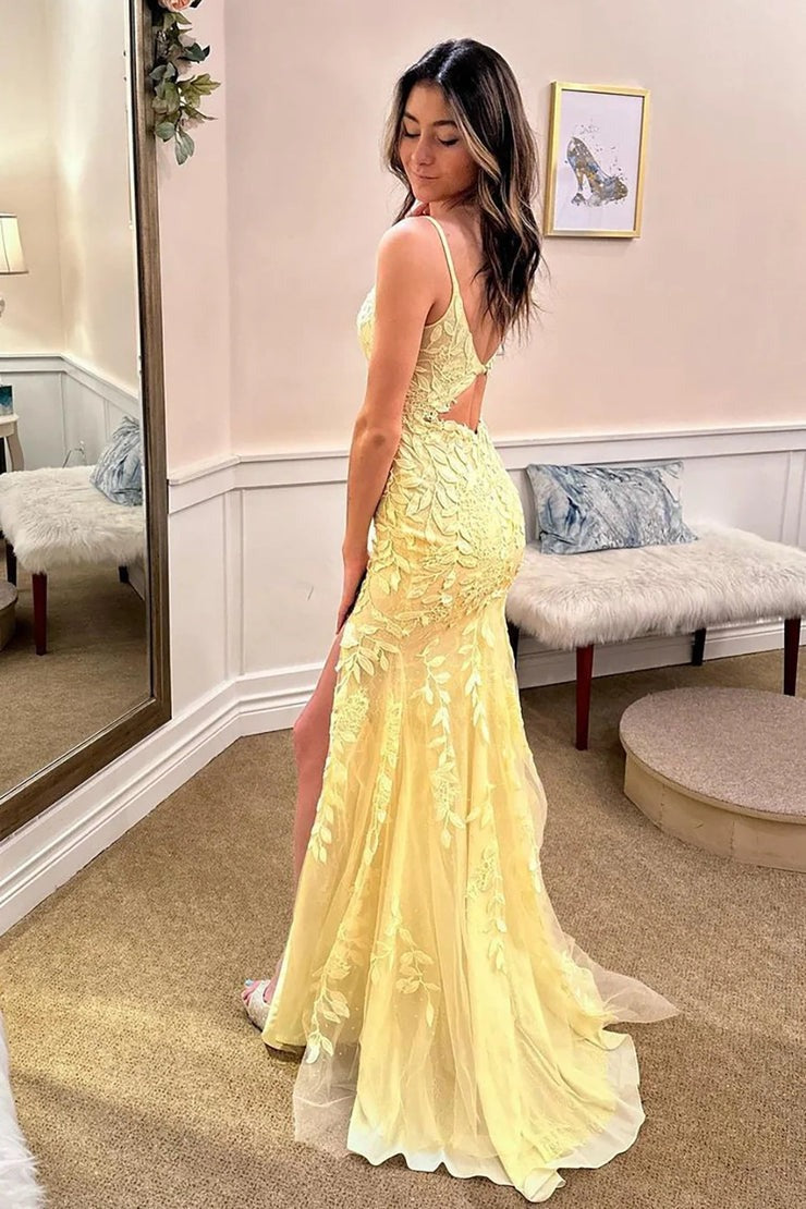 Yellow Gorgeous Mermaid Spaghetti Straps Long Prom Dress with Appliques