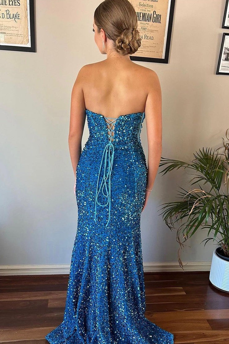 Blue Sequins Charming Mermaid Long Prom Dress