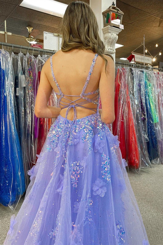 Lavender V-Neck A-Line Tulle Appliques Long Prom Dress with Slit, PD25685
