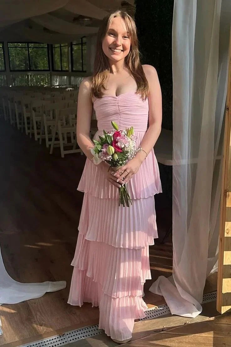 Cute A Line Sweetheart Blush Pink Chiffon Tiered Prom Dress, PD25406