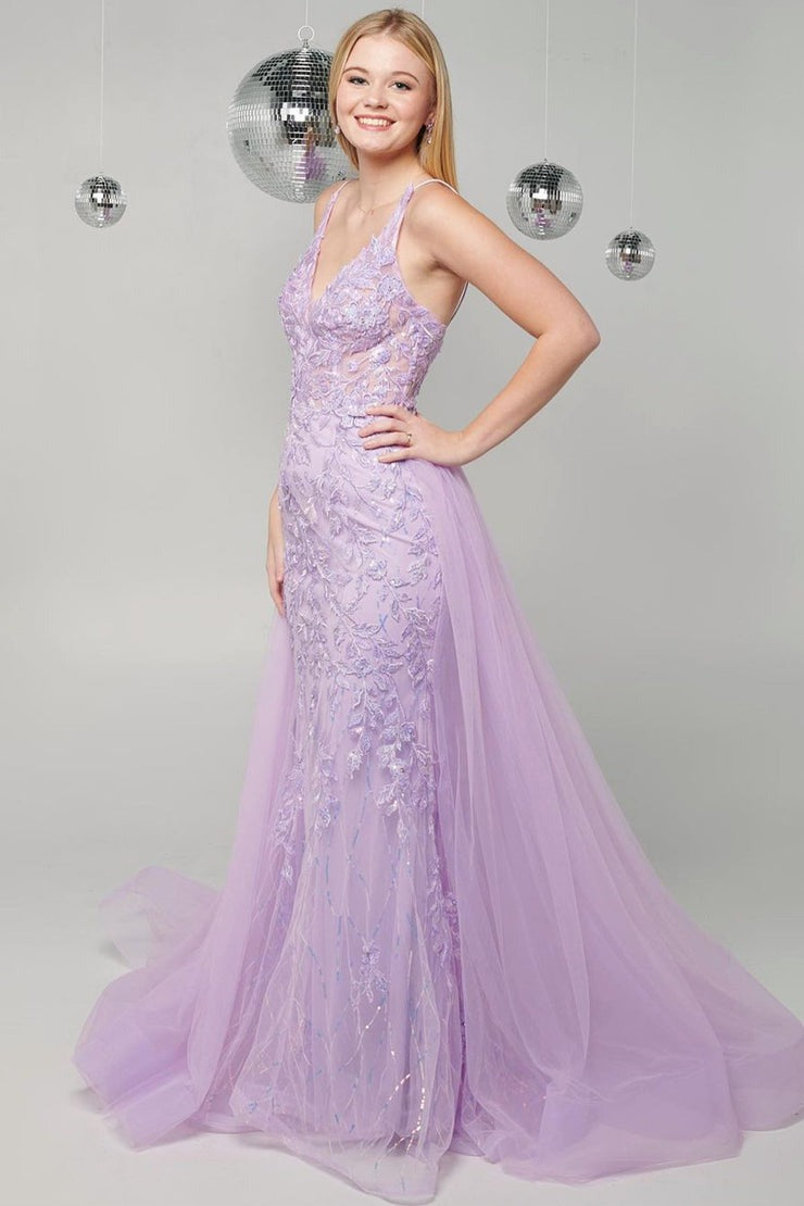 Lilac V Neck Tulle Mermaid Long Prom Dresses with Appliques