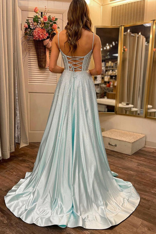 Light Blue Sweetheart Satin Long Beaded Prom Dresses, PD25556