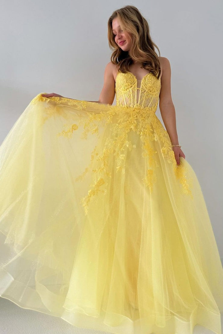 Yellow Spaghetti Straps Tulle Long Prom Dresses with Appliques