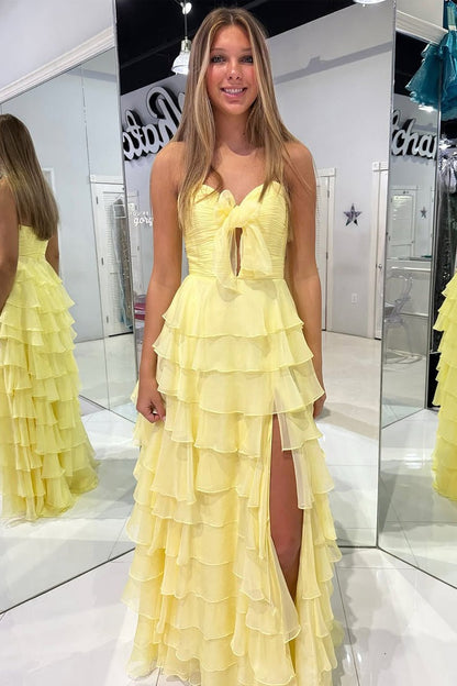 Yellow Tiered A Line Sweetheart Keyhole Prom Dress with Slit