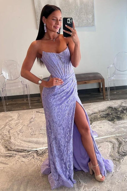 Strapless Mermaid Lilac Lace Prom Dress with Slit